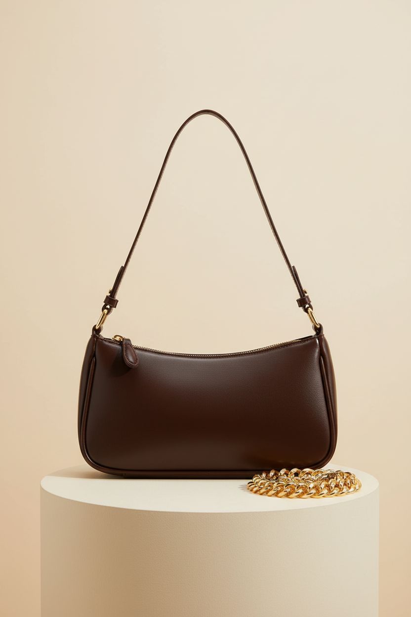Cawgot brown crescent shoulder bag showcasing its sleek design and vegan leather finish.