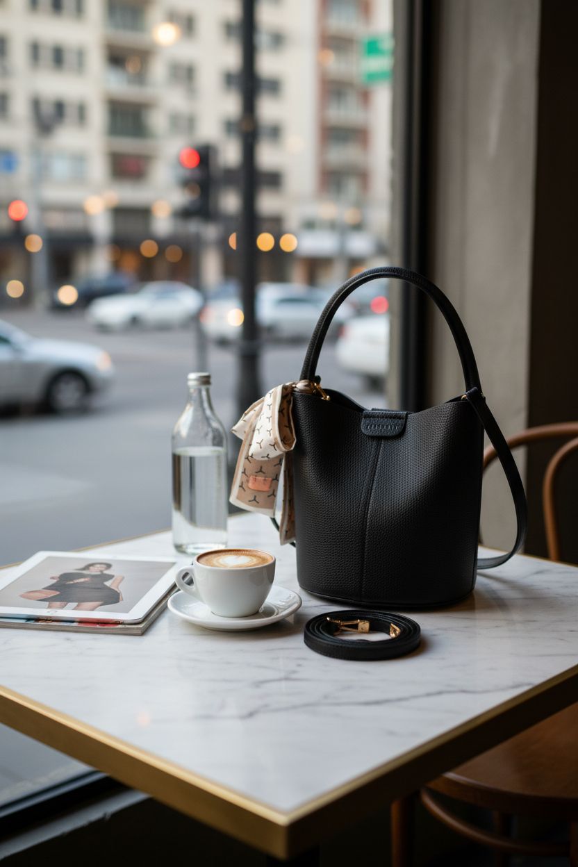 VMEECARL black bucket bag purse beside coffee and tablet in cozy café