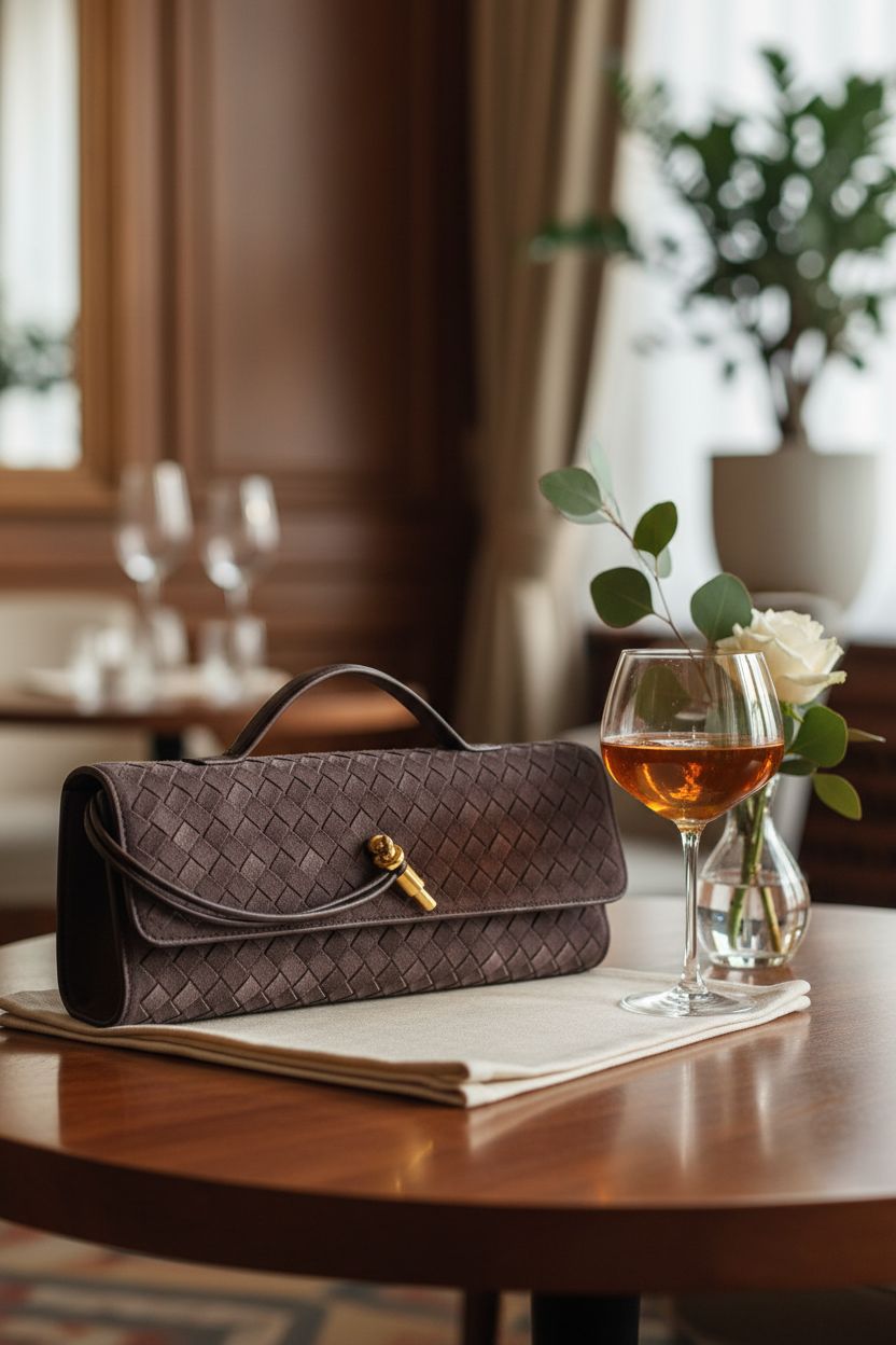 Stylish JYG dark brown woven suede bag on walnut tabletop with cocktail, ideal for lounging