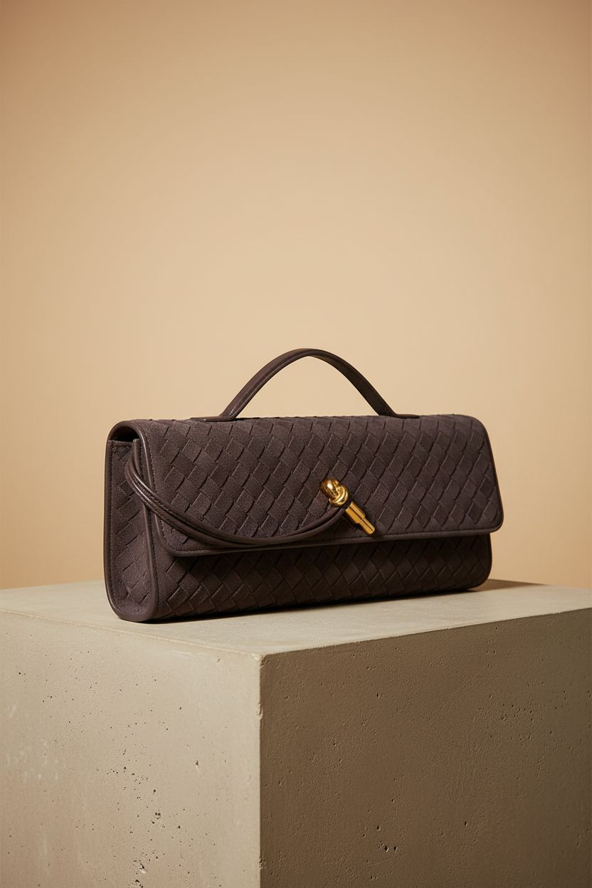 JYG dark brown woven suede handbag showcasing gold buckle and fine details against a soft backdrop
