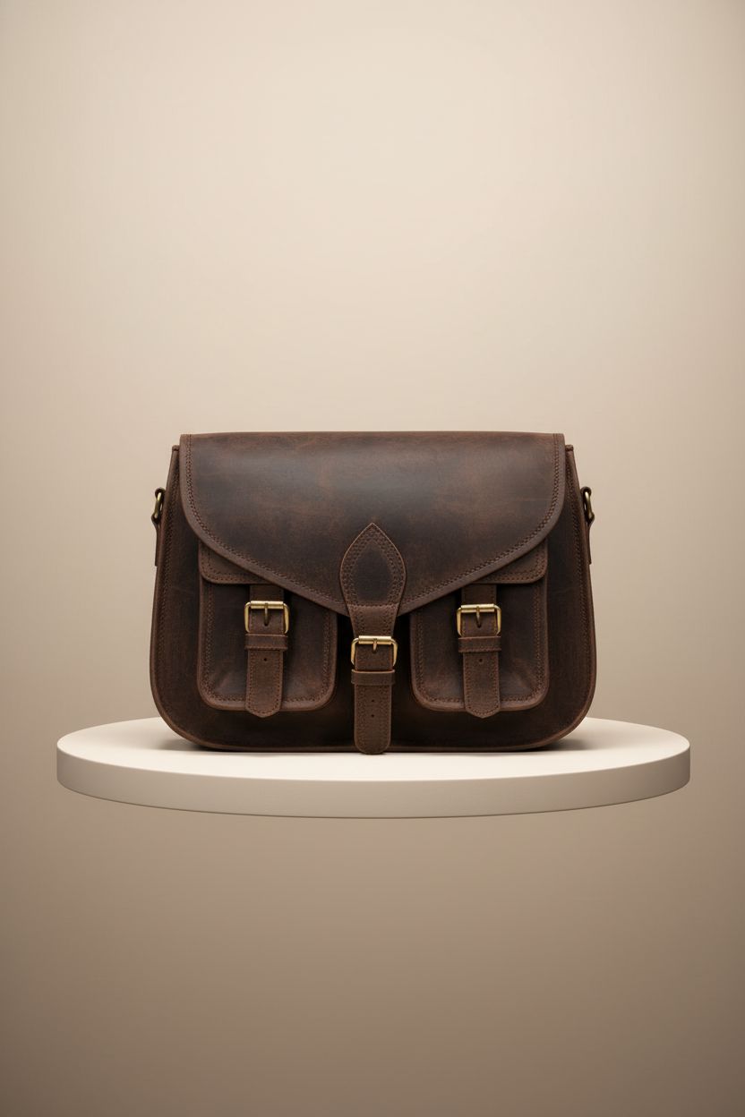 Product shot of Komal's Passion Leather buffalo leather purse, highlighting its craftsmanship and elegant design.