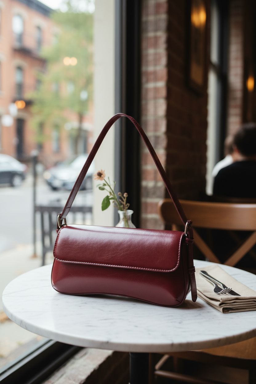 Verdusa burgundy shoulder bag on marble table in cozy café, highlighting rich texture.