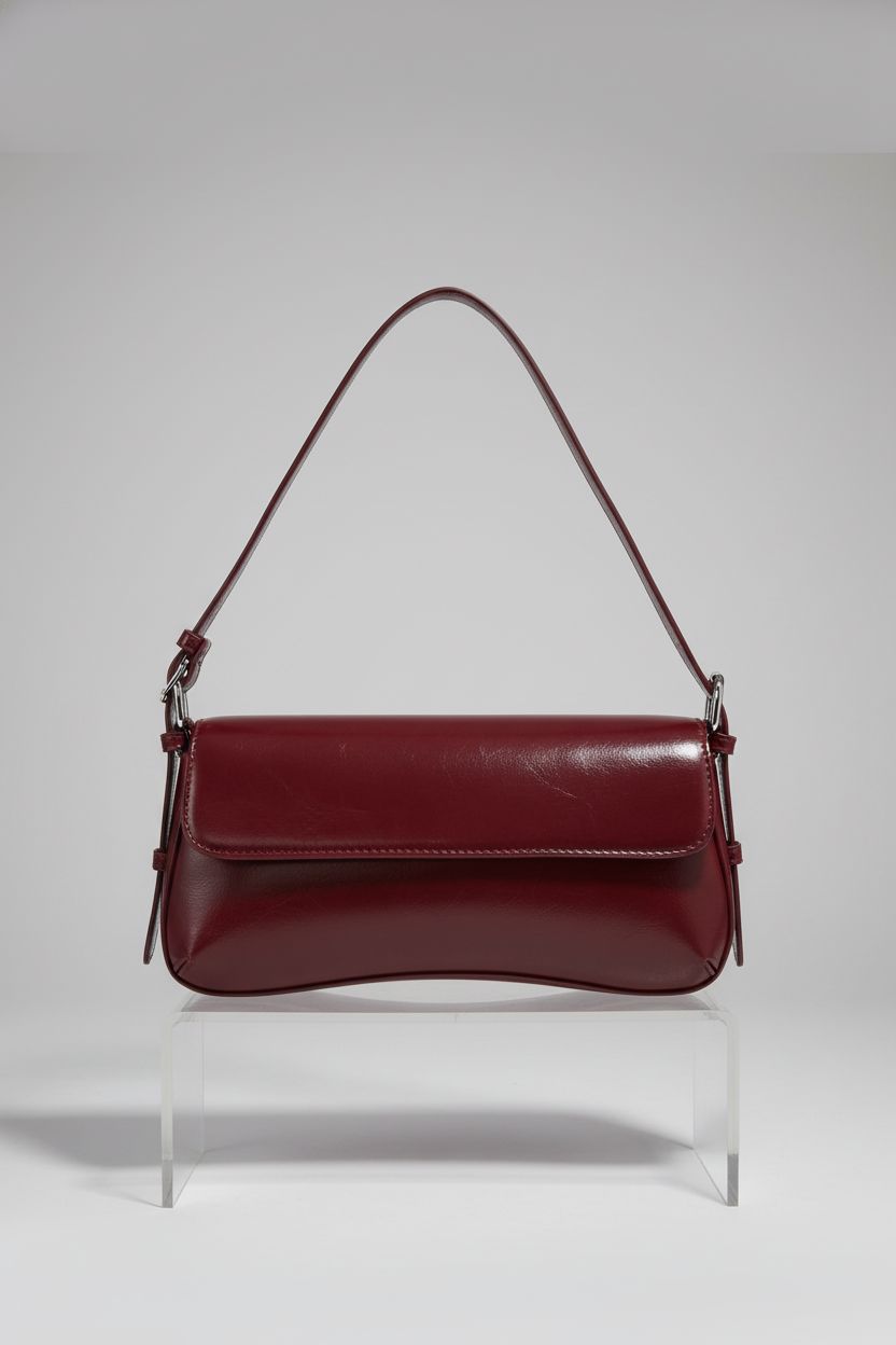 Product shot of Verdusa burgundy shoulder bag on a gray backdrop, emphasizing craftsmanship.