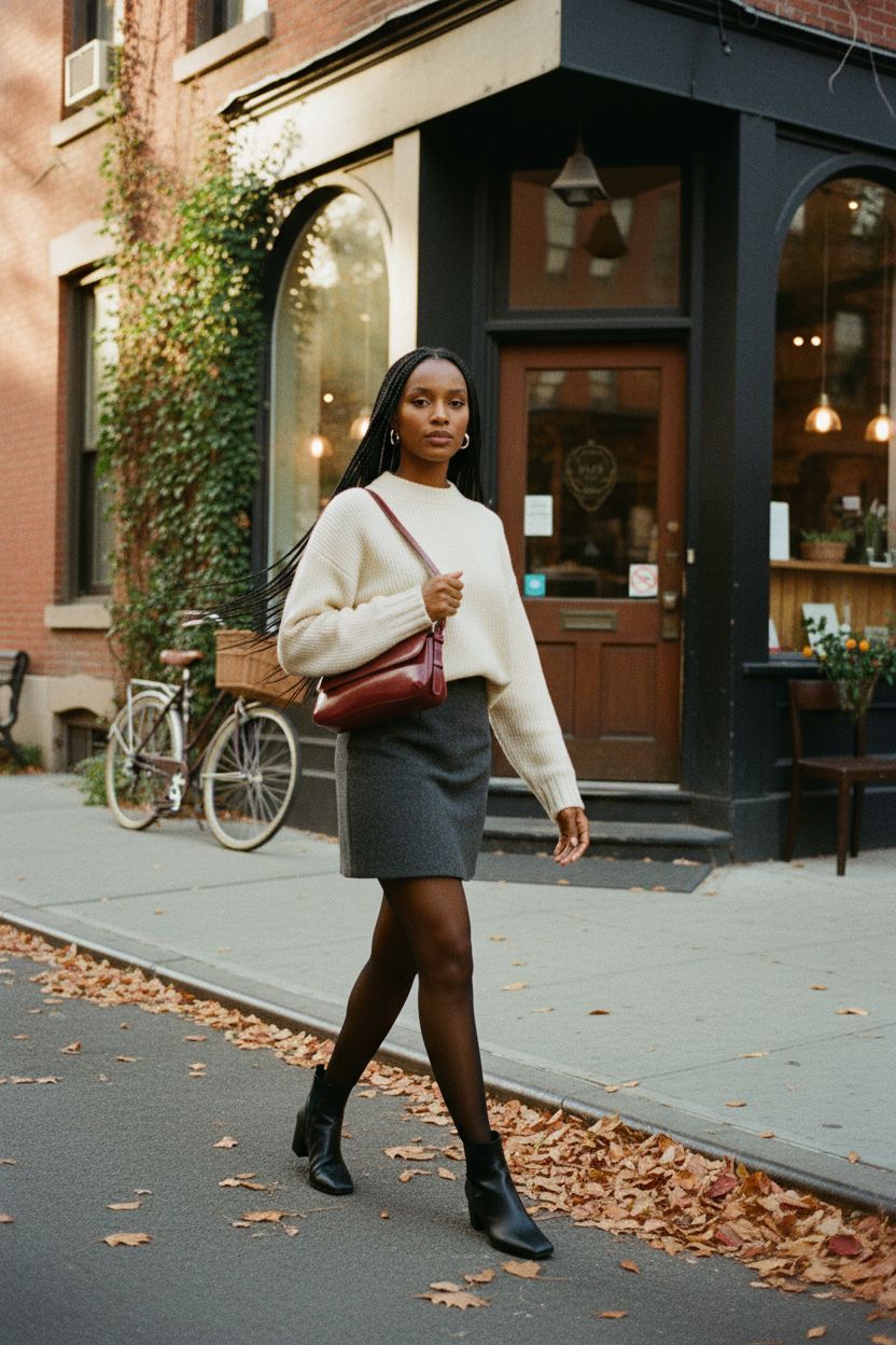 Burgundy shoulder bag by Verdusa resting underarm, vintage street scene with leaves.