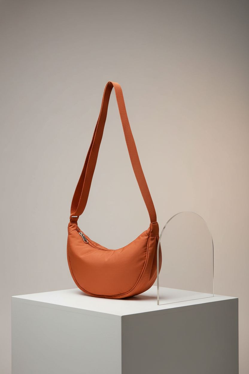 OHHMNKK burnt orange crescent purse showcased in studio setting