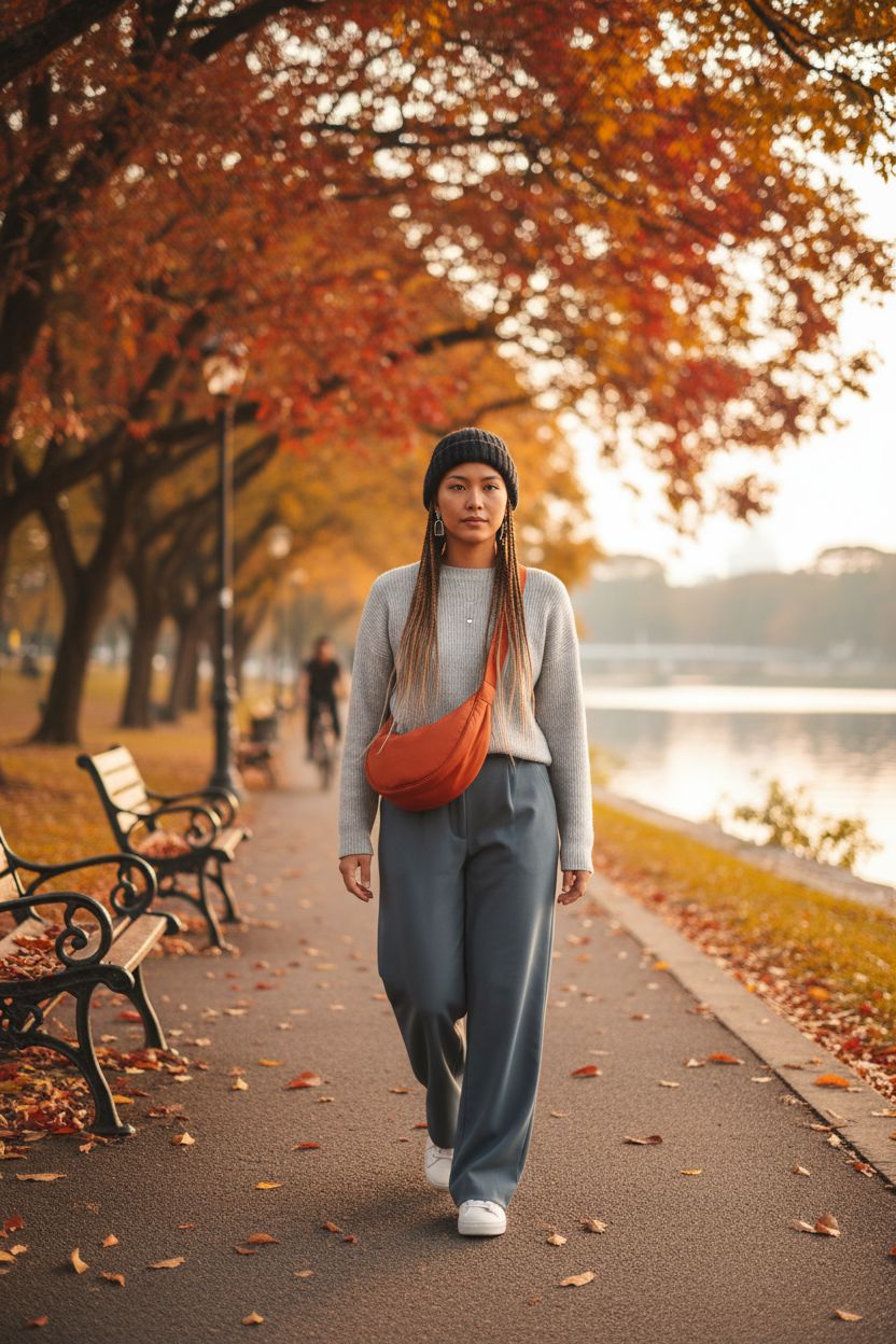 Burnt orange crossbody hobo crescent bag by OHHMNKK in autumn park setting