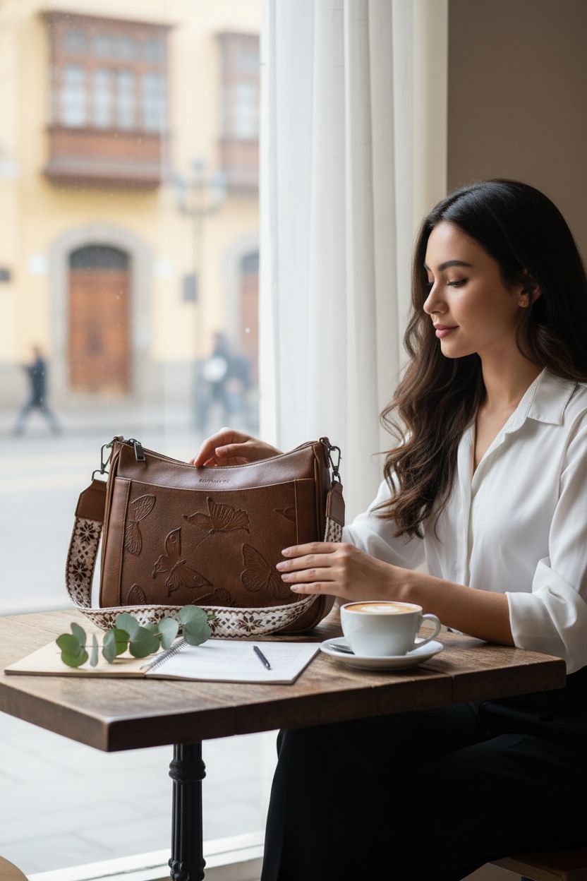 KITEVIUN butterfly purse resting on a wooden table in a cozy café, surrounded by a latte and notebook.