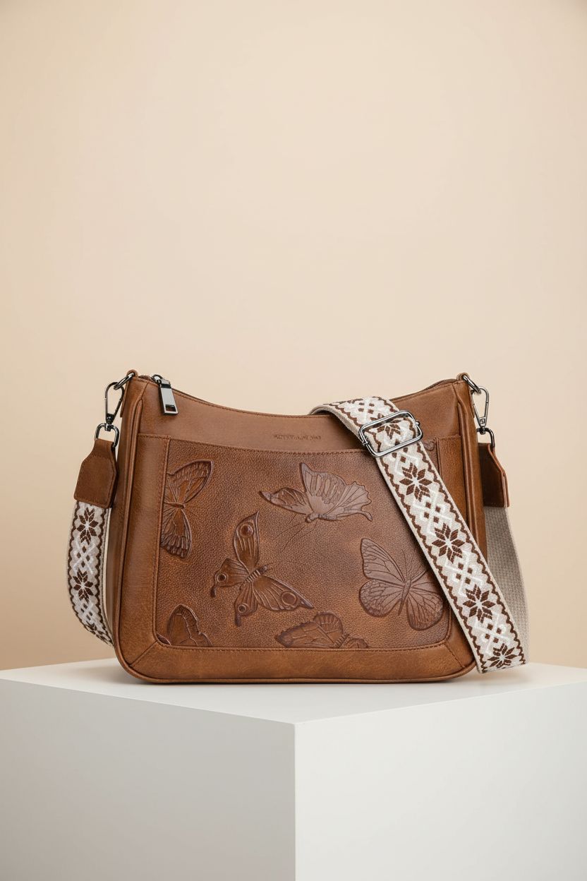 KITEVIUN butterfly hobo purse on a studio pedestal, showcasing embossed butterflies and fine stitching details.
