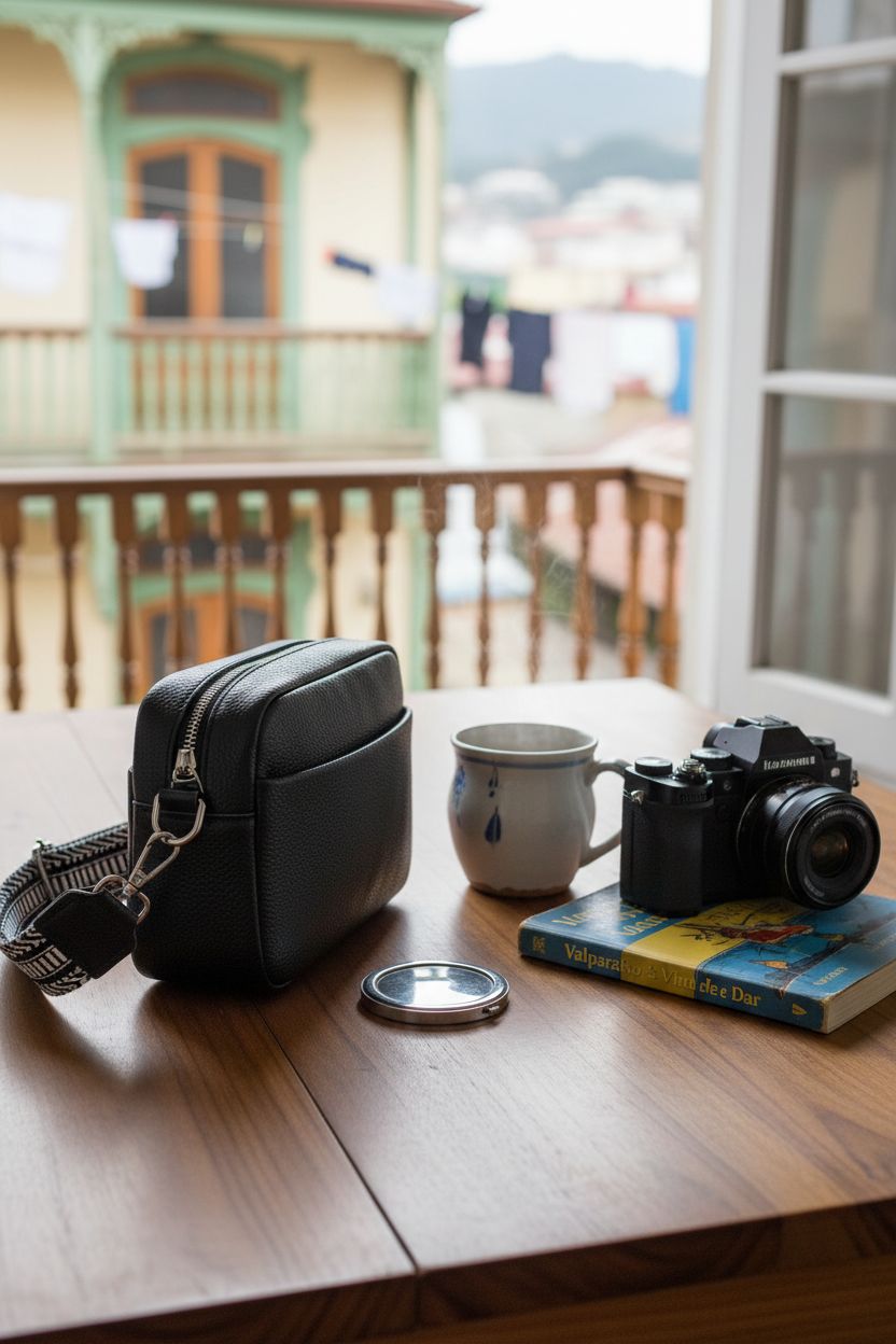 Utenwat camera bag purse in black leather on a walnut table, accompanied by travel essentials.