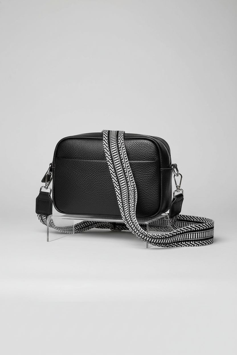 Product shot of Utenwat camera bag purse in black leather with guitar strap on a clean backdrop.