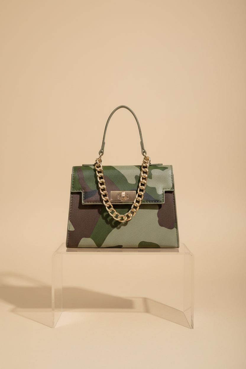 Premium RoseSeek camo handbag showcased in a minimal studio setup