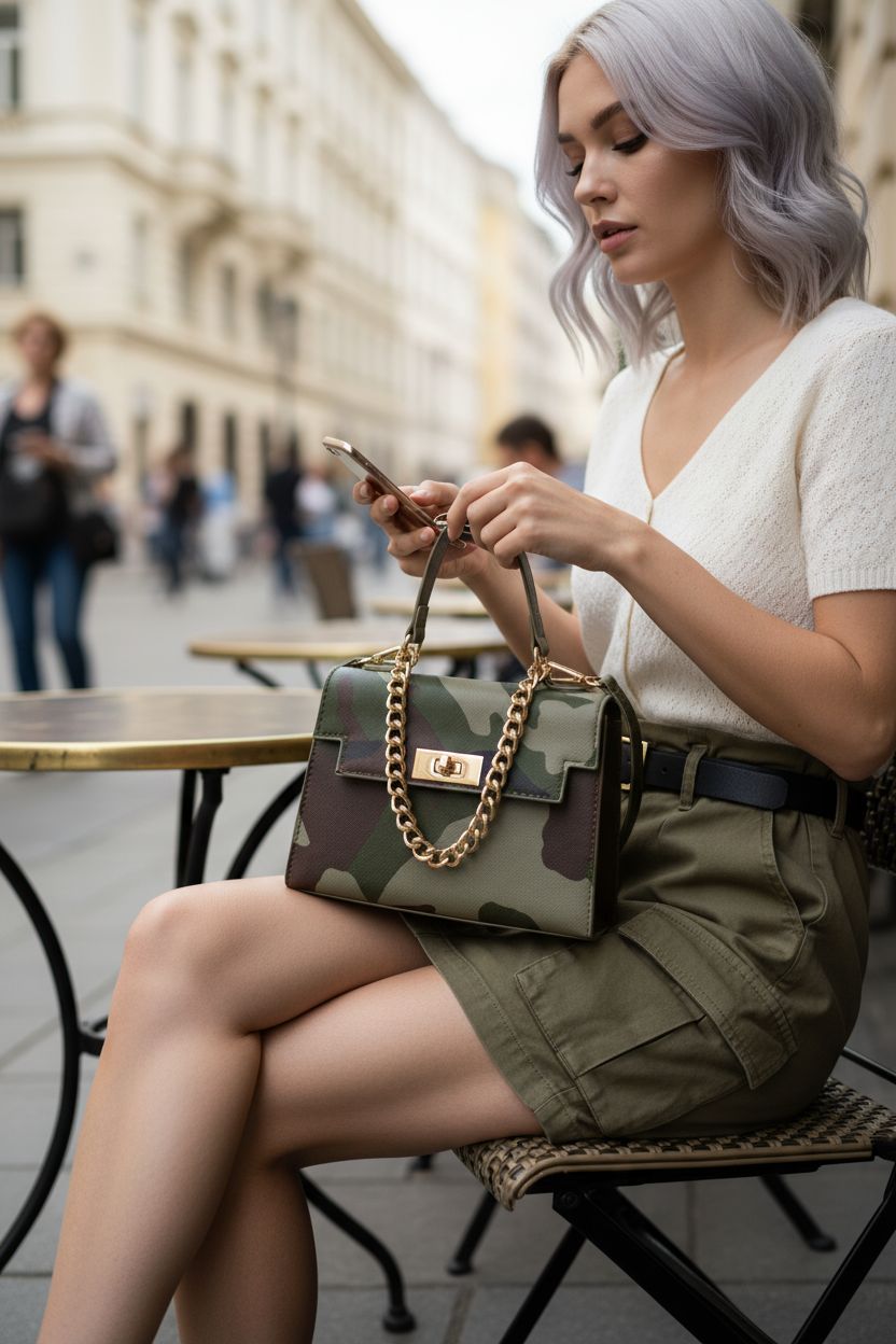 RoseSeek camo handbag resting elegantly on a lap at a cozy café table