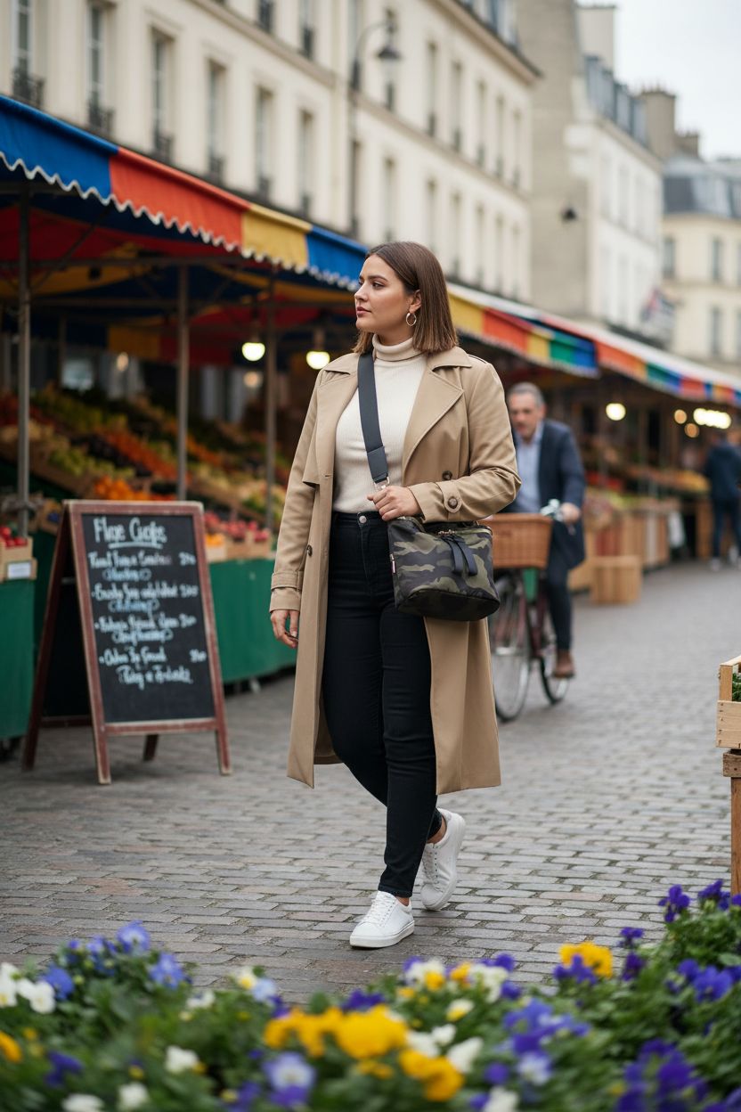 PAKFIEKS camo nylon crossbody bag showcased in a vibrant street market setting.