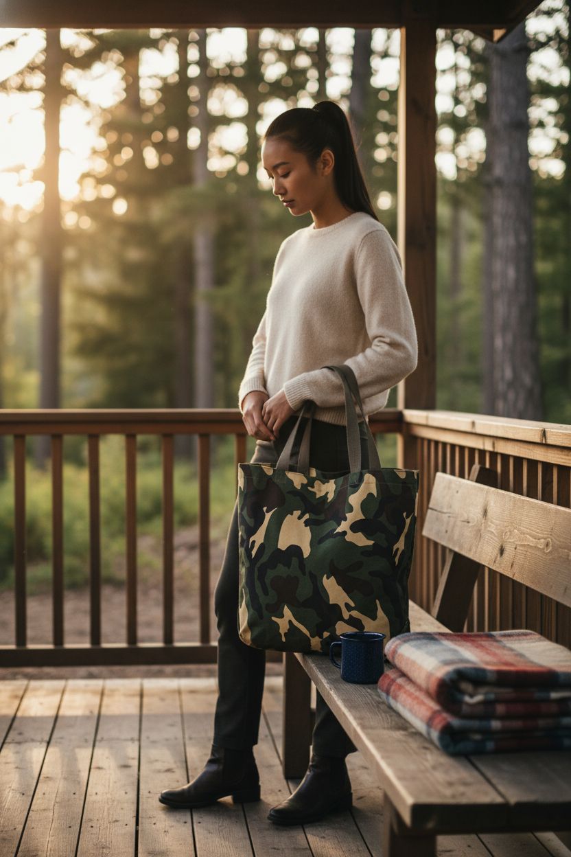 ROTHCO Woodland CAMO tote bag displayed on a cozy cabin porch, surrounded by nature and rustic elements.