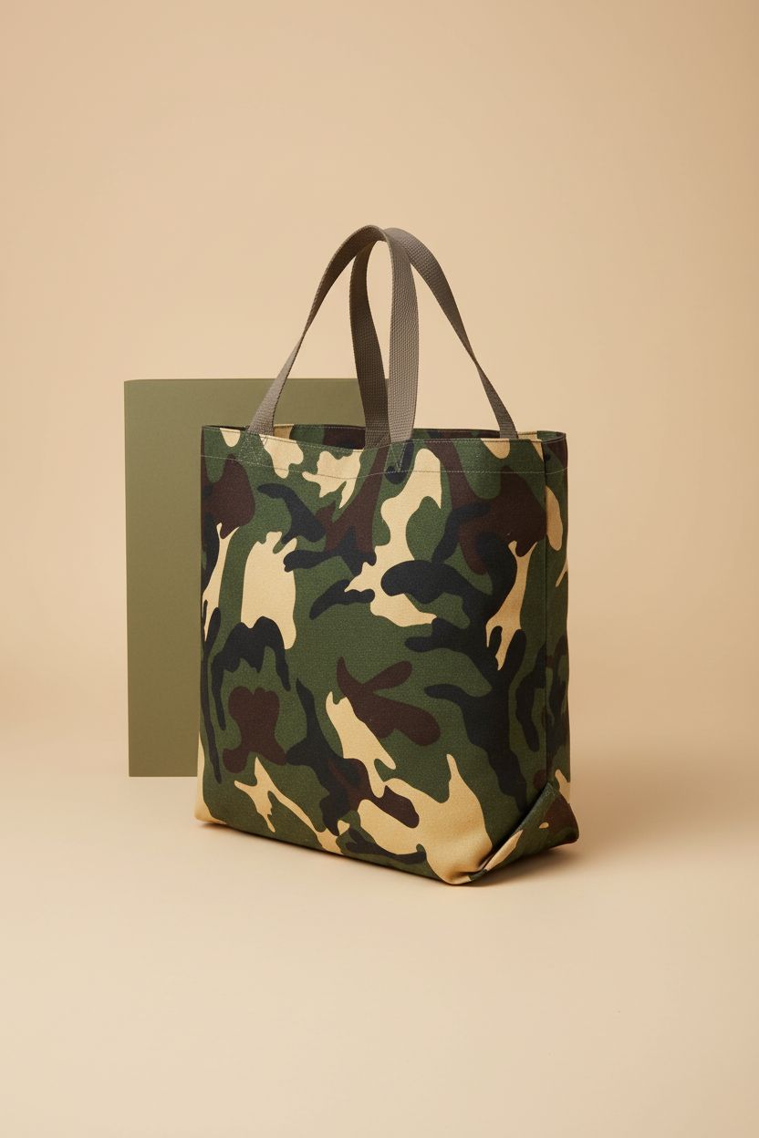 ROTHCO Woodland CAMO tote bag featured in a studio, highlighting its design, stitching, and canvas quality.