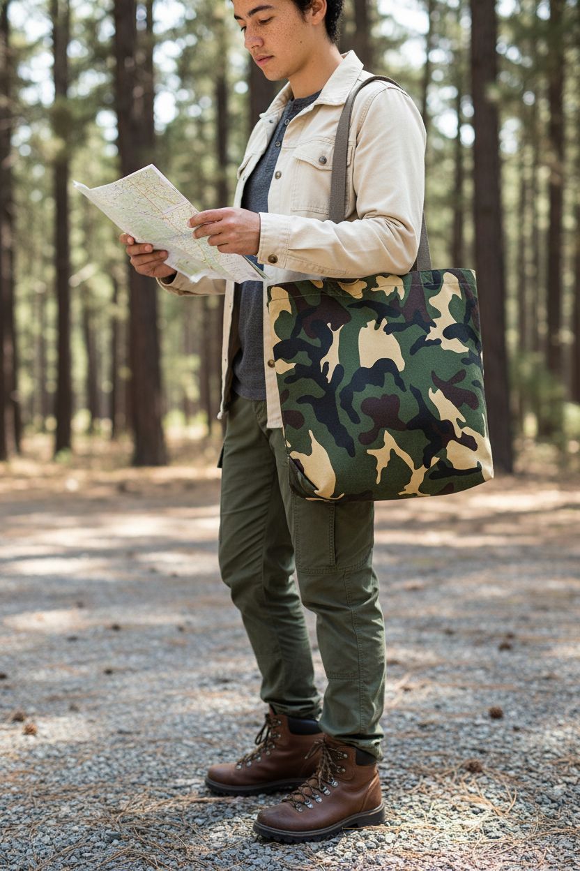 ROTHCO Woodland CAMO tote bag resting on forearm at a trailhead, showcasing its canvas texture and strap length.