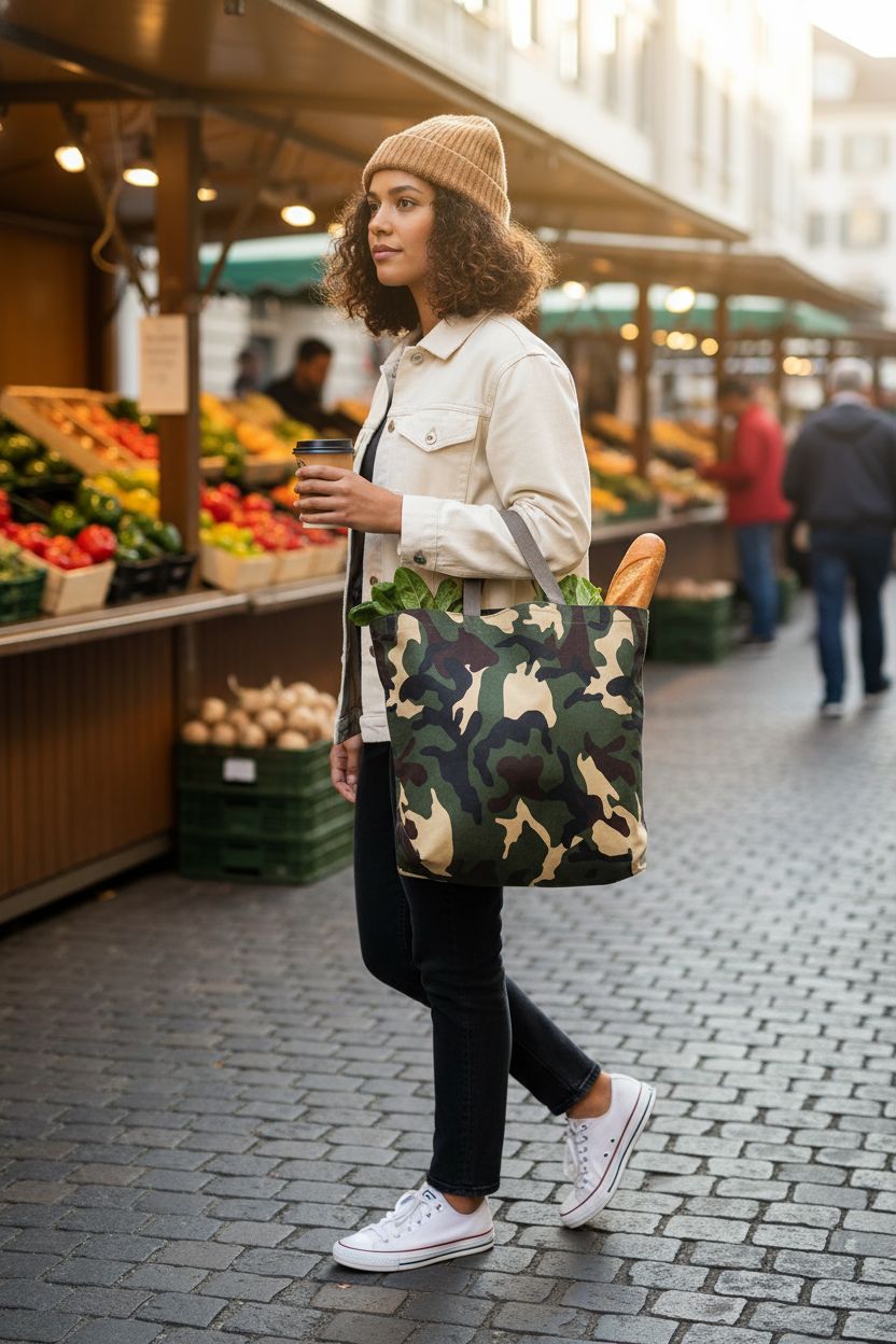 ROTHCO Woodland CAMO tote bag seen at a vibrant farmers market, paired with a casual outfit for a stylish look.