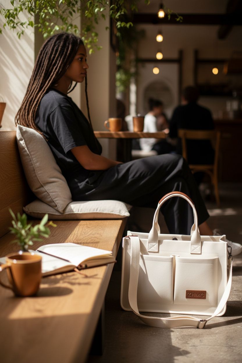 Elegant ZHMO canvas tote bag displayed in a sunlit cafe, highlighting its structured design and quality materials.