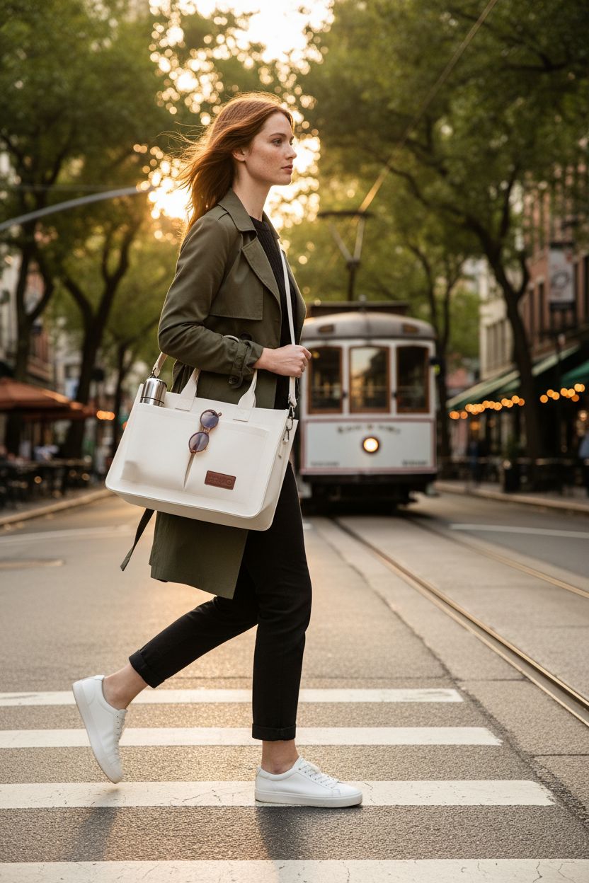 ZHMO canvas purse worn crossbody, featuring pockets for water bottle and sunglasses, ideal for daily use.