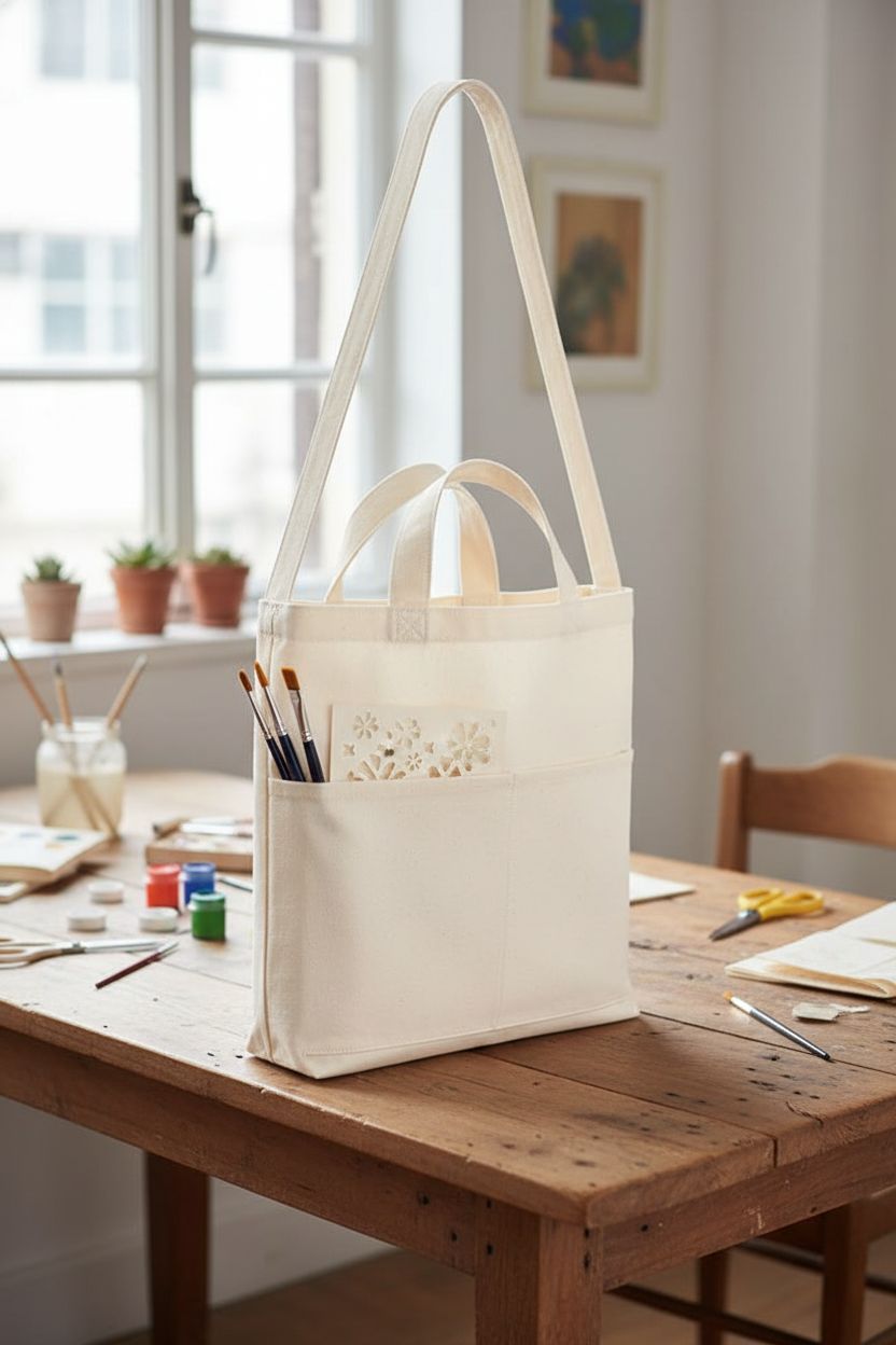 Lily queen canvas tote bag with pockets amidst DIY craft tools on a wooden table, showcasing versatility.