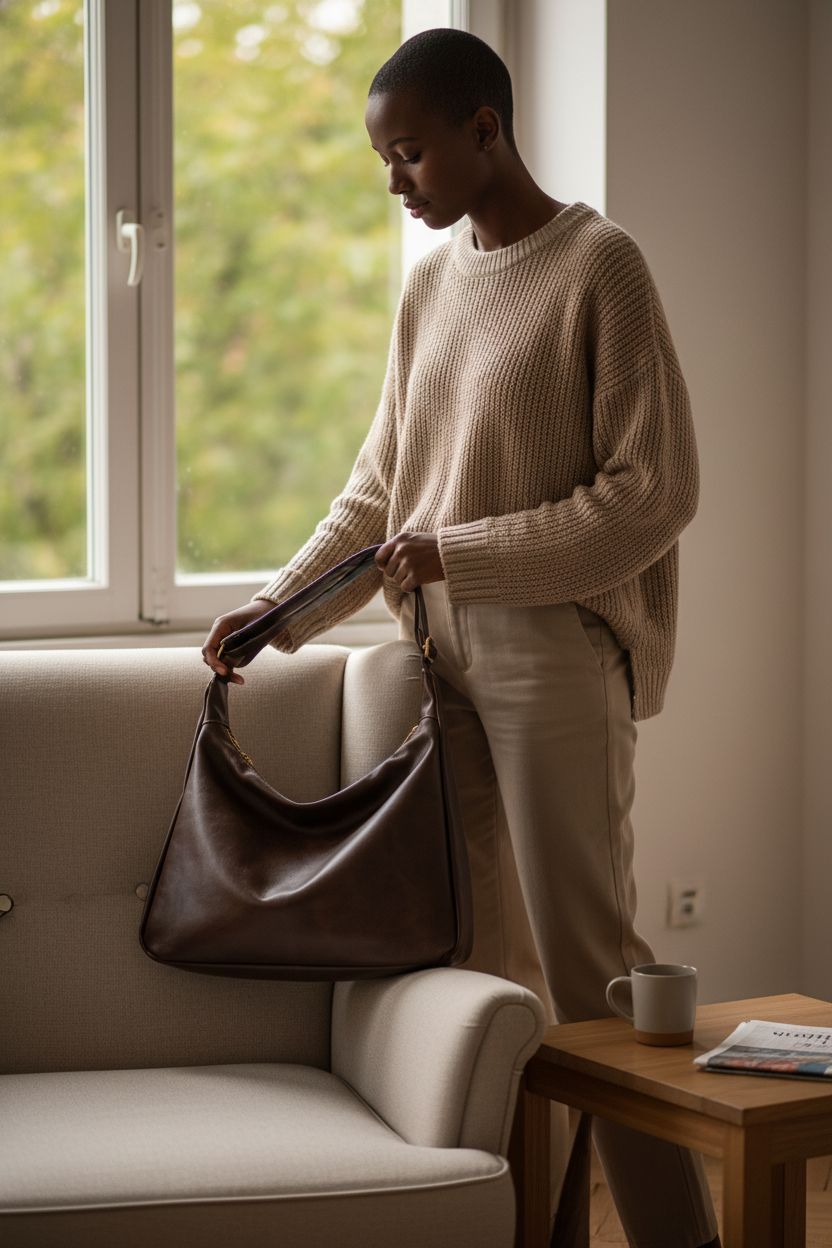 Celestina hobo bag resting in a cozy reading nook, showcasing its soft vegan leather texture.