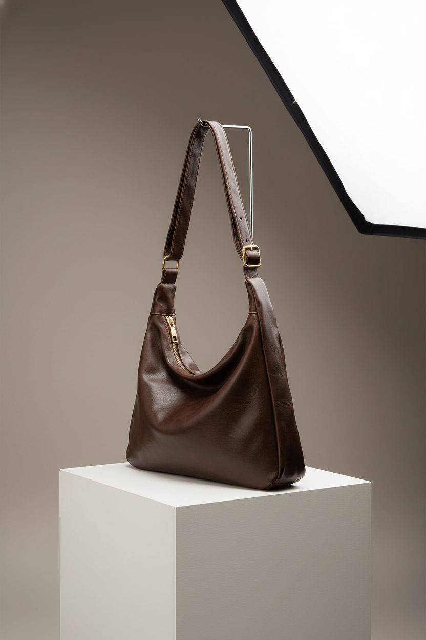 Celestina hobo bag displayed on a pedestal, highlighting its luxurious vegan leather and gold hardware.