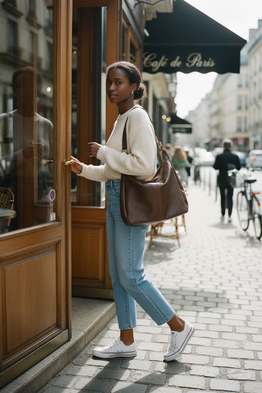 Celestina brown hobo bag styled with a cream sweater and jeans, perfect for casual outings.