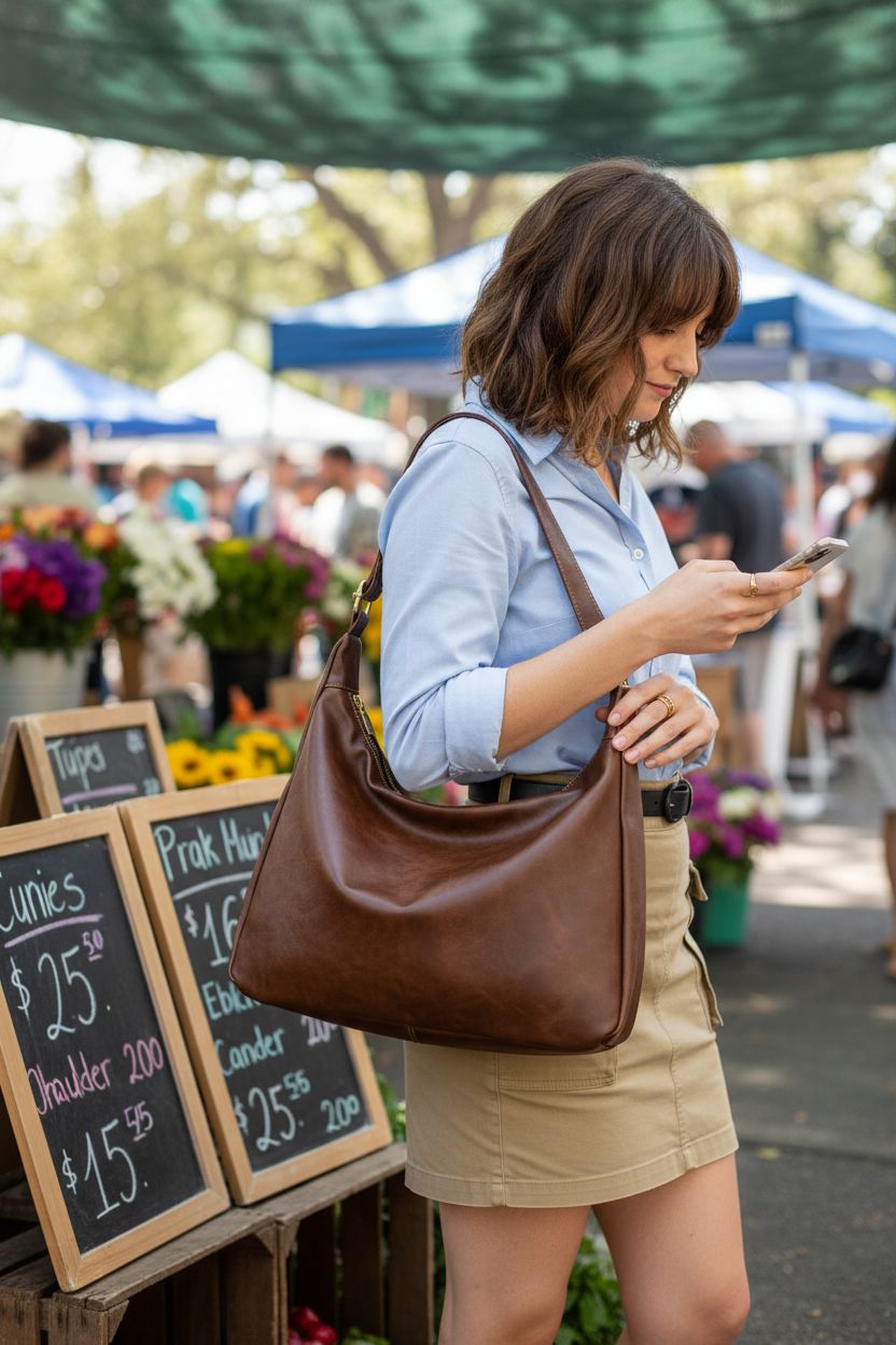 Celestina brown shoulder bag paired with a blue shirt at a vibrant weekend market.