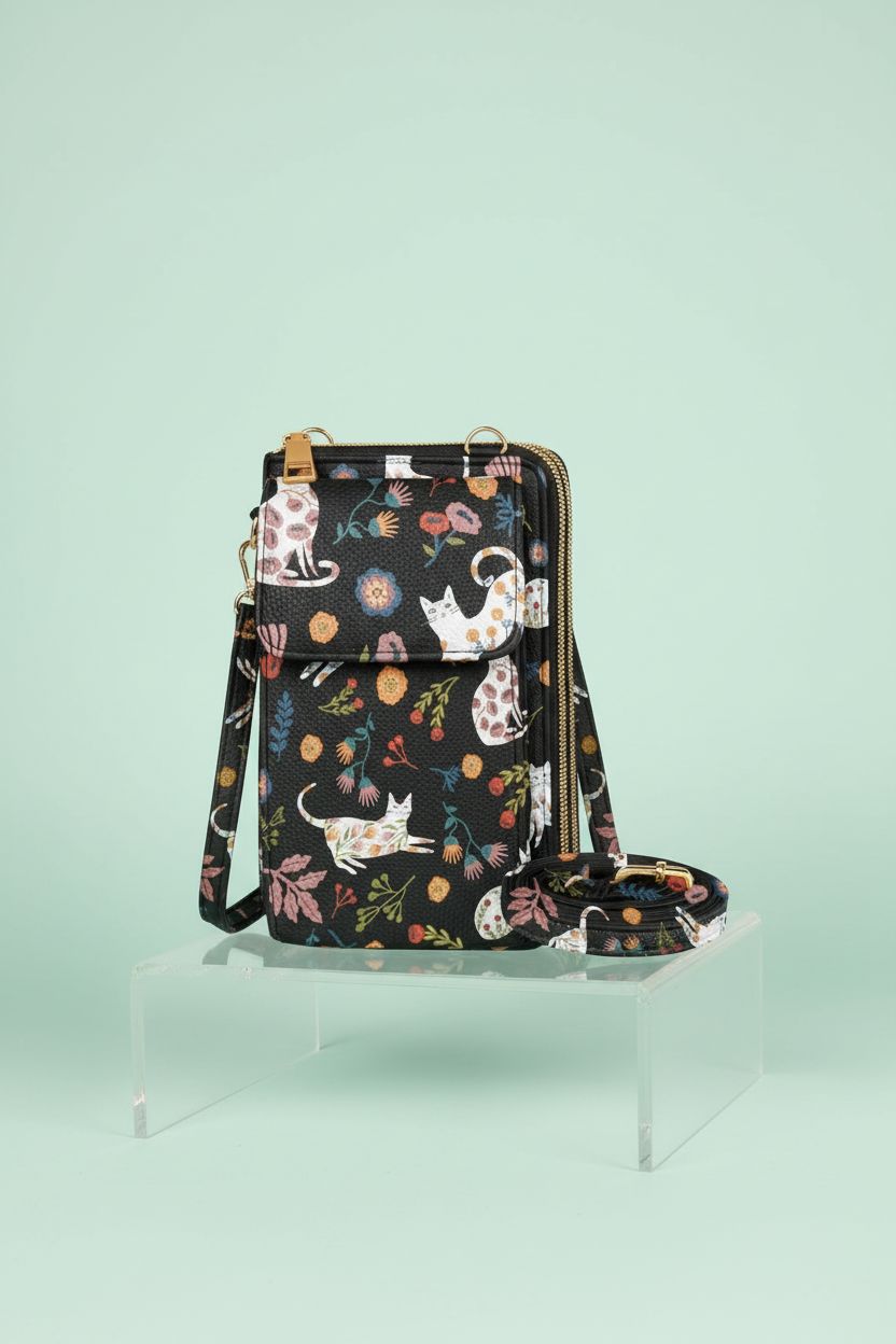 Miss Adola vegan leather cat print purse showcased on a mint backdrop, highlighting its features and design.