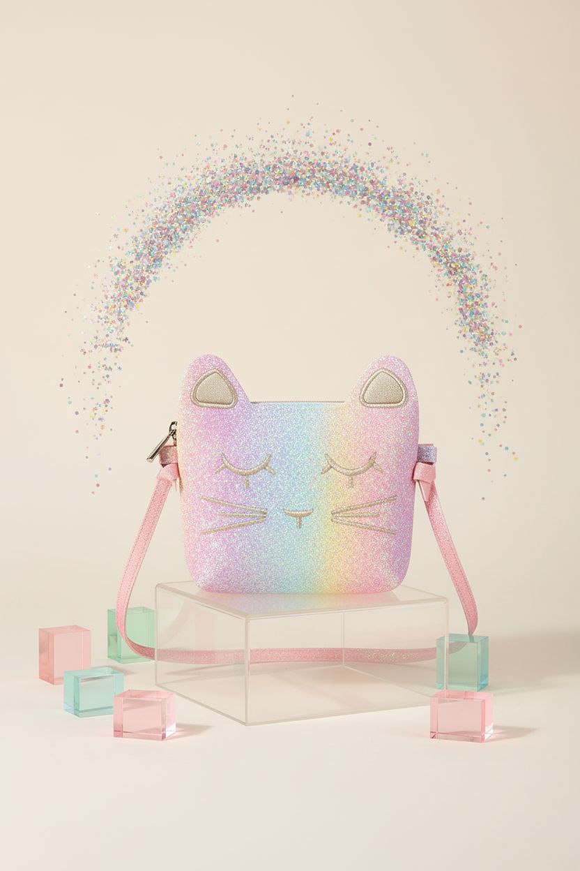 Mibasies glitter cat purse displayed elegantly on a cream background.
