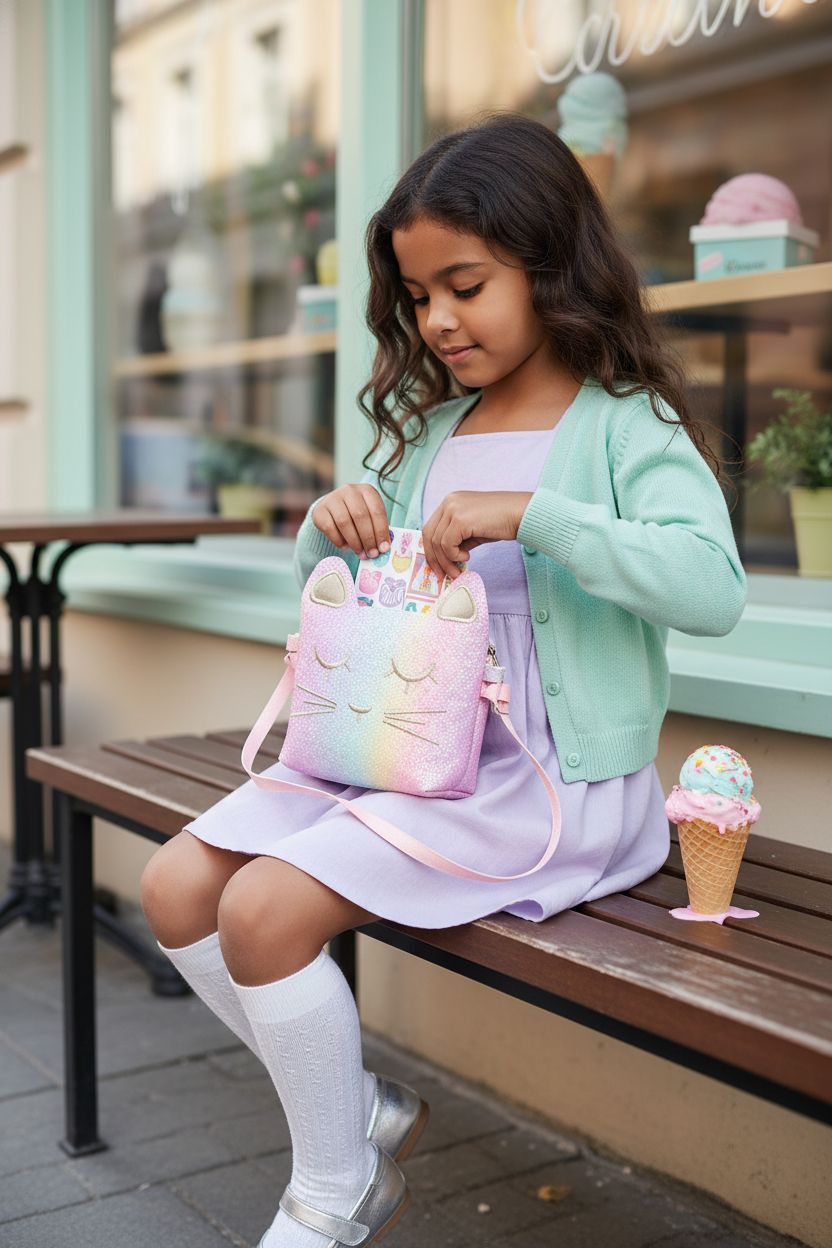 Pastel glitter mibasies cat purse opened on a bench with stickers inside.