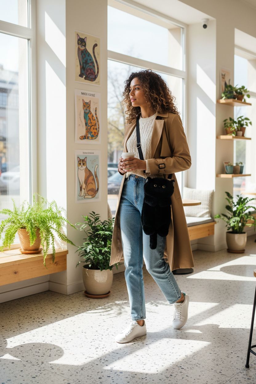 HUIJUFU black cat-shaped purse on a cafe table, stylish crossbody bag for cat lovers