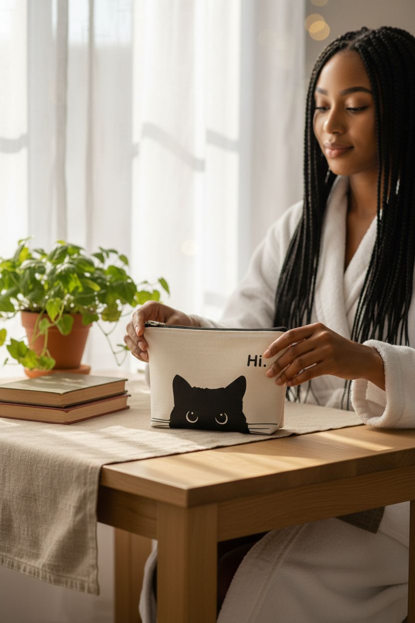 BARPERY Cat Makeup Bag on a light oak table with plants, highlighting its linen texture.
