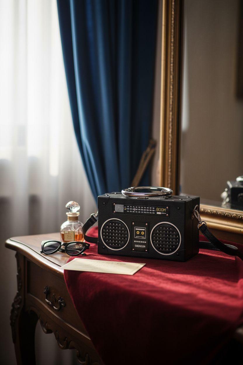 TAMMYFLYFLY vintage radio bag in cozy retro dressing room ambiance
