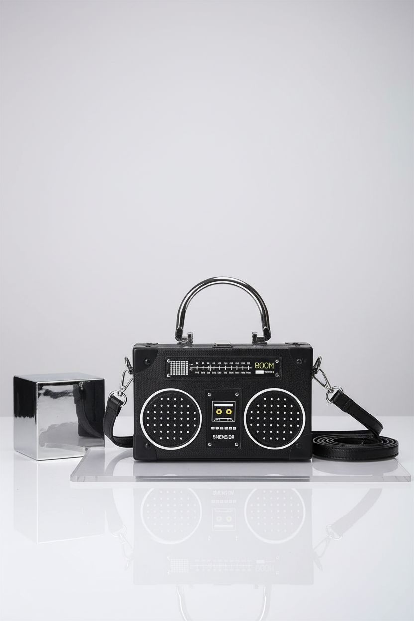 TAMMYFLYFLY radio-inspired bag displayed on sleek studio backdrop