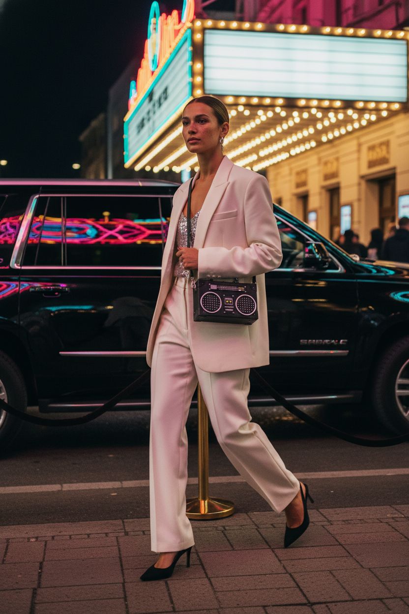 TAMMYFLYFLY vintage radio-shaped crossbody bag in stylish night setting