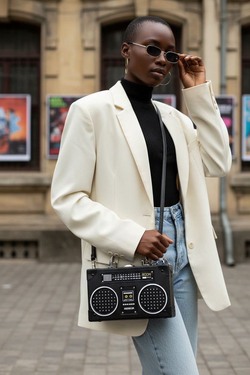 TAMMYFLYFLY radio-shaped handbag showcased in urban gallery setting