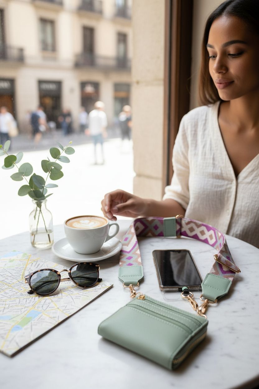 XANGNIER cell phone crossbody and zip wallet on a café table with a cappuccino.
