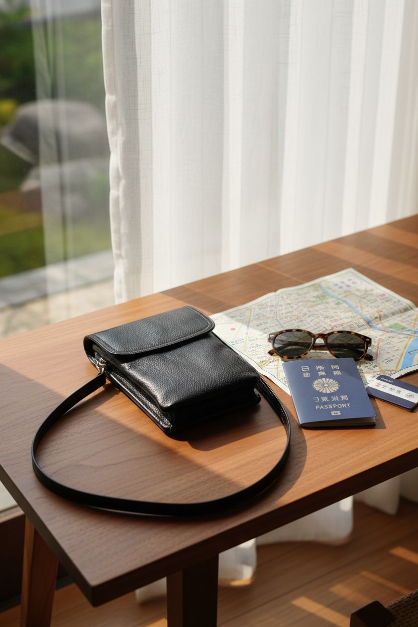 Befen black crossbody bag arranged with travel essentials on a console, ready for adventure.