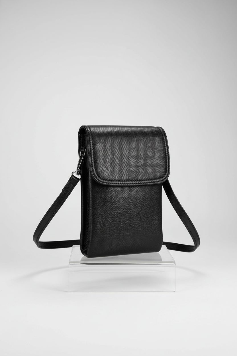 Befen black leather crossbody bag on a clean backdrop, highlighting its elegant design.