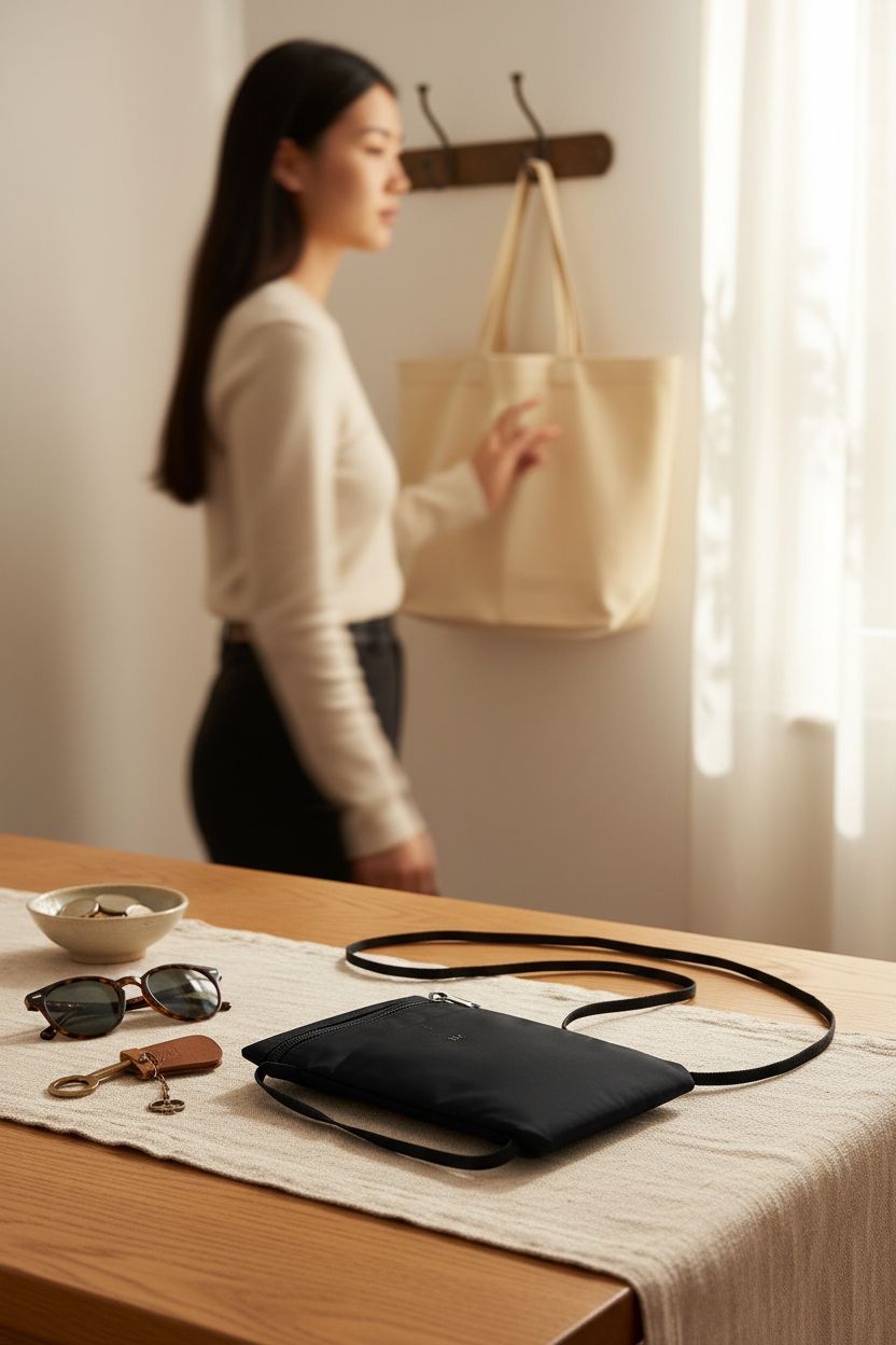 Nogeqi phone wallet purse elegantly displayed on a console with sunglasses and keys