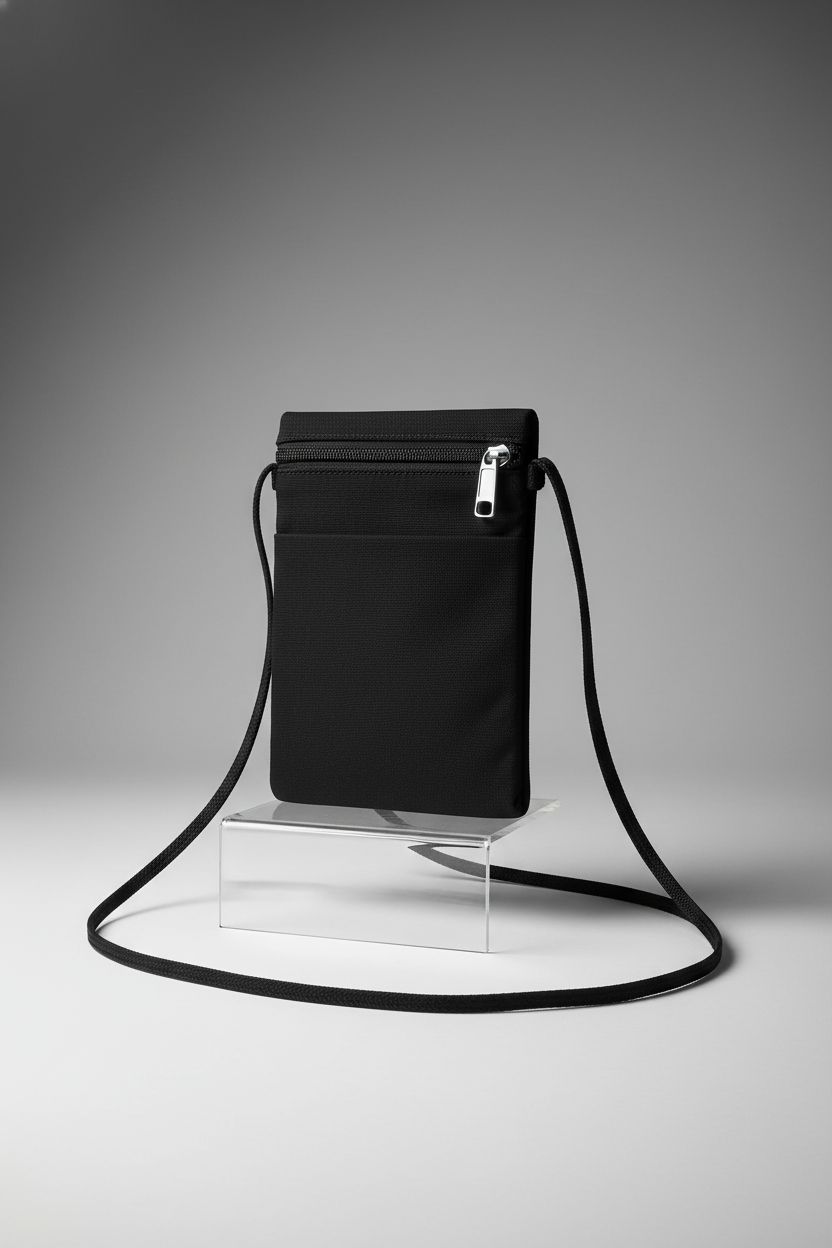 Close-up of Nogeqi black crossbody phone wallet purse showcasing zipper and strap design