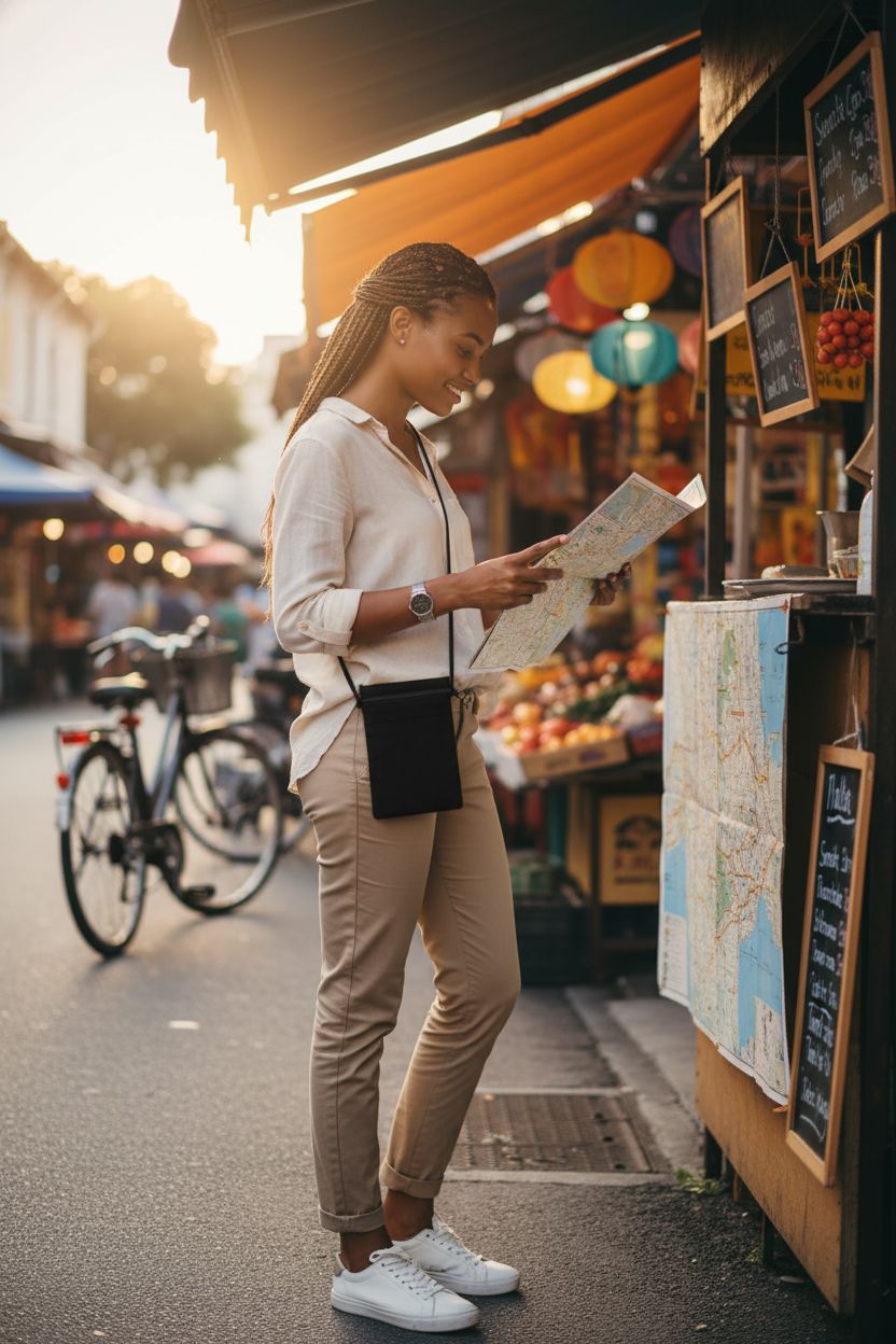 Nogeqi ultralight black phone purse worn crossbody while checking a map at a market