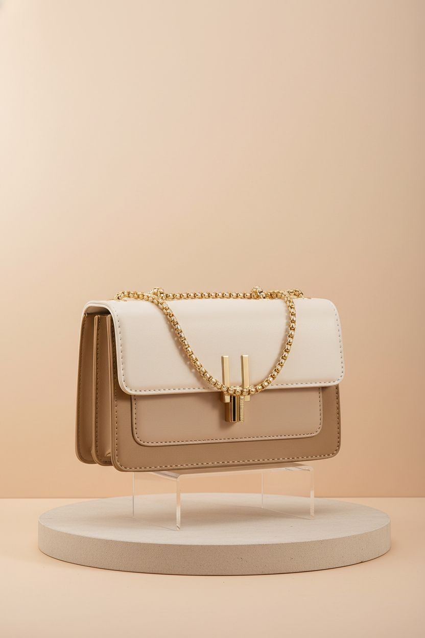 TOP BAND faux leather chain shoulder bag showcased on a pedestal in studio lighting