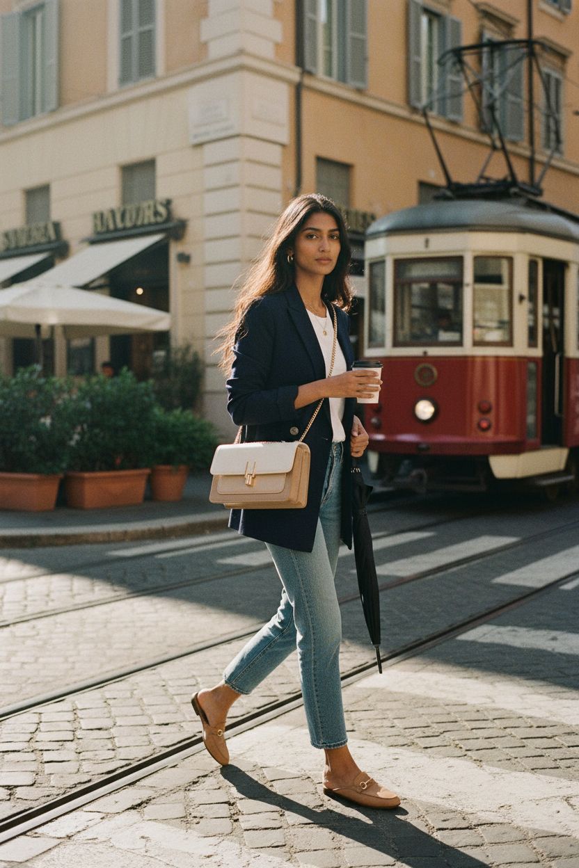 Beige and white color-block chain shoulder bag by TOP BAND in a sunlit street setting