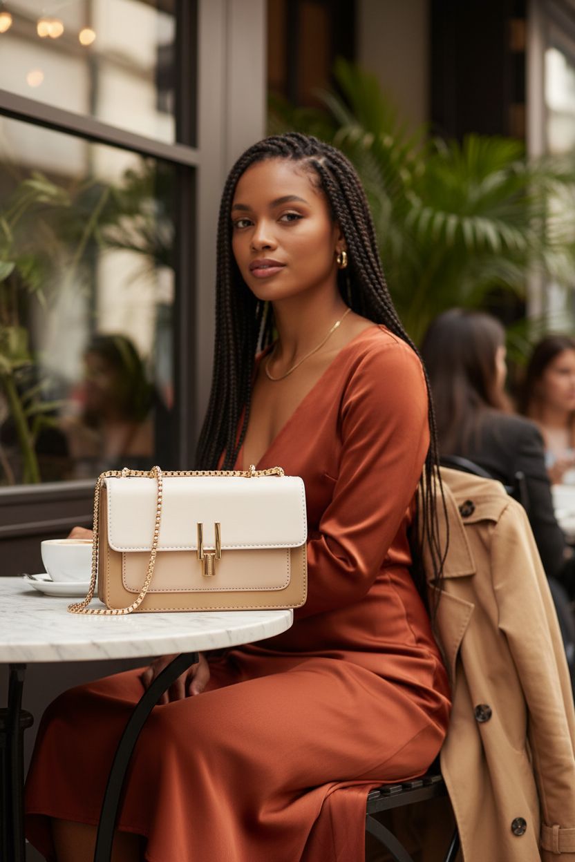 TOP BAND chain shoulder bag in beige and white color-block design on a café terrace