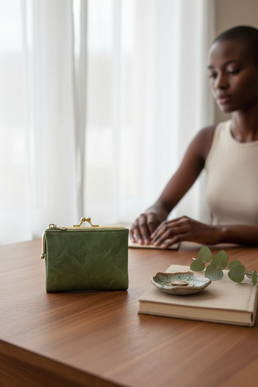 AOXONEL compact green change purse beside a journal and coin dish, ideal for calm mornings.