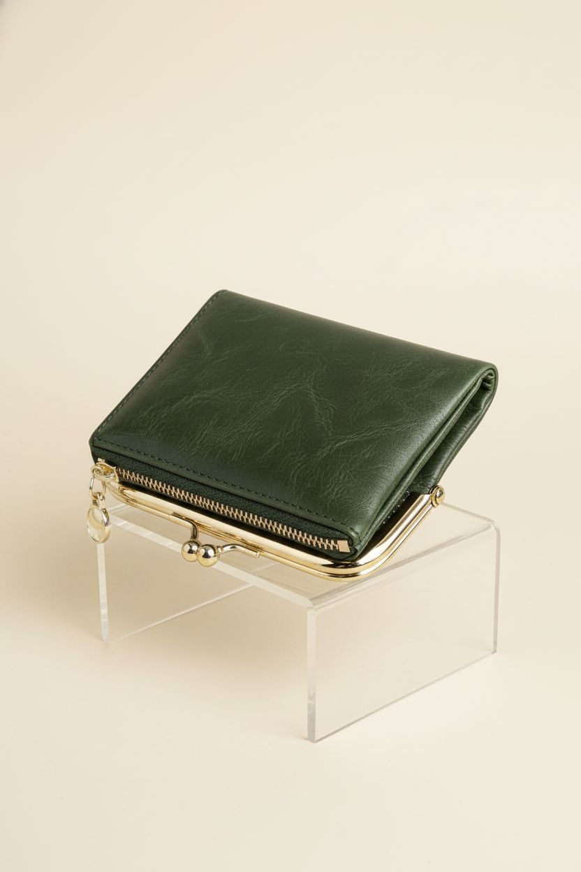 AOXONEL small green wallet displayed on a cream backdrop, highlighting its chic design and features.