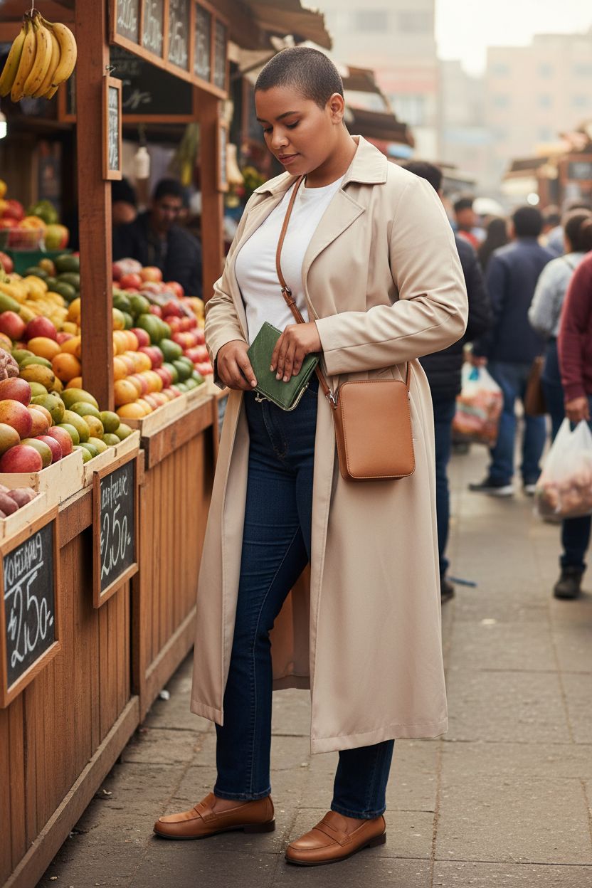 AOXONEL green compact bifold wallet at a farmer's market, showcasing its stylish design.