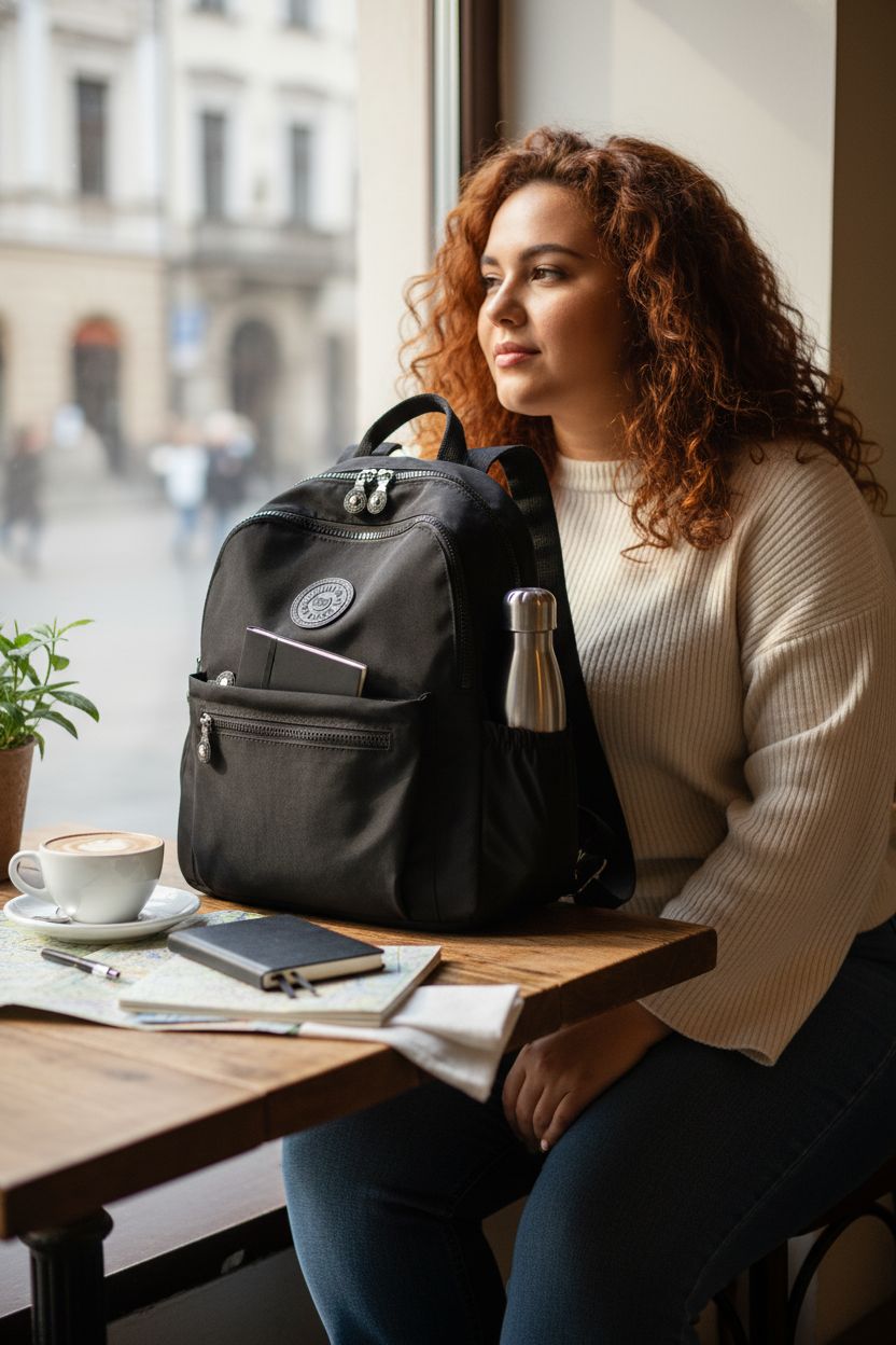 Yvechus Mini Backpack Purse in black placed beside a latte and city map, perfect for travel.